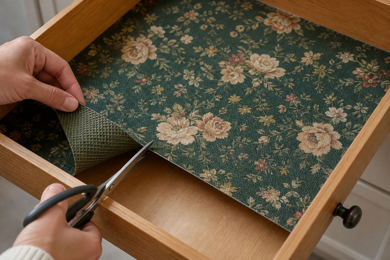 Cutting a thick floral drawer liner to fit a wooden kitchen drawer