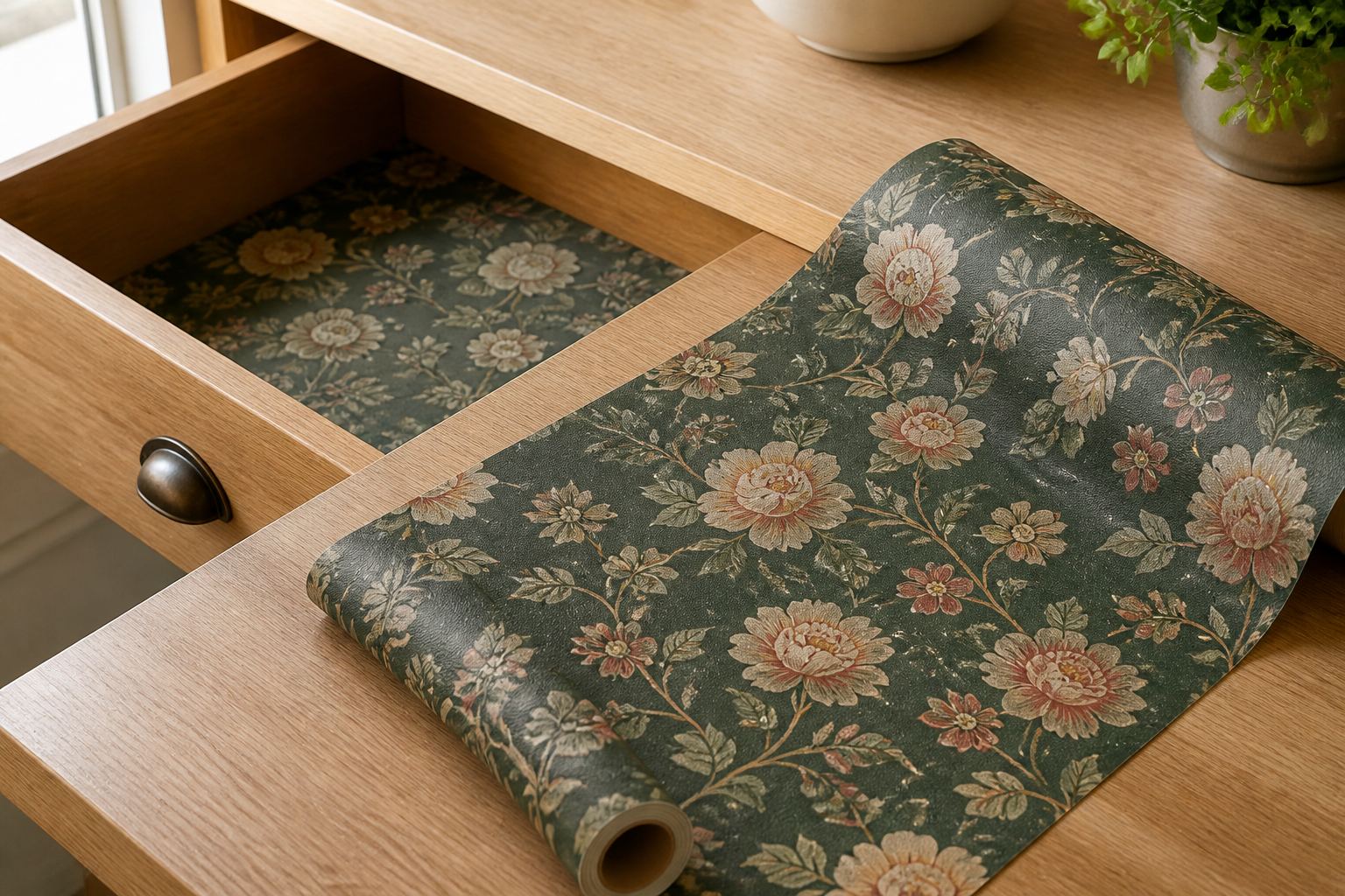 Dark green vintage floral drawer liner roll beside an open lined drawer